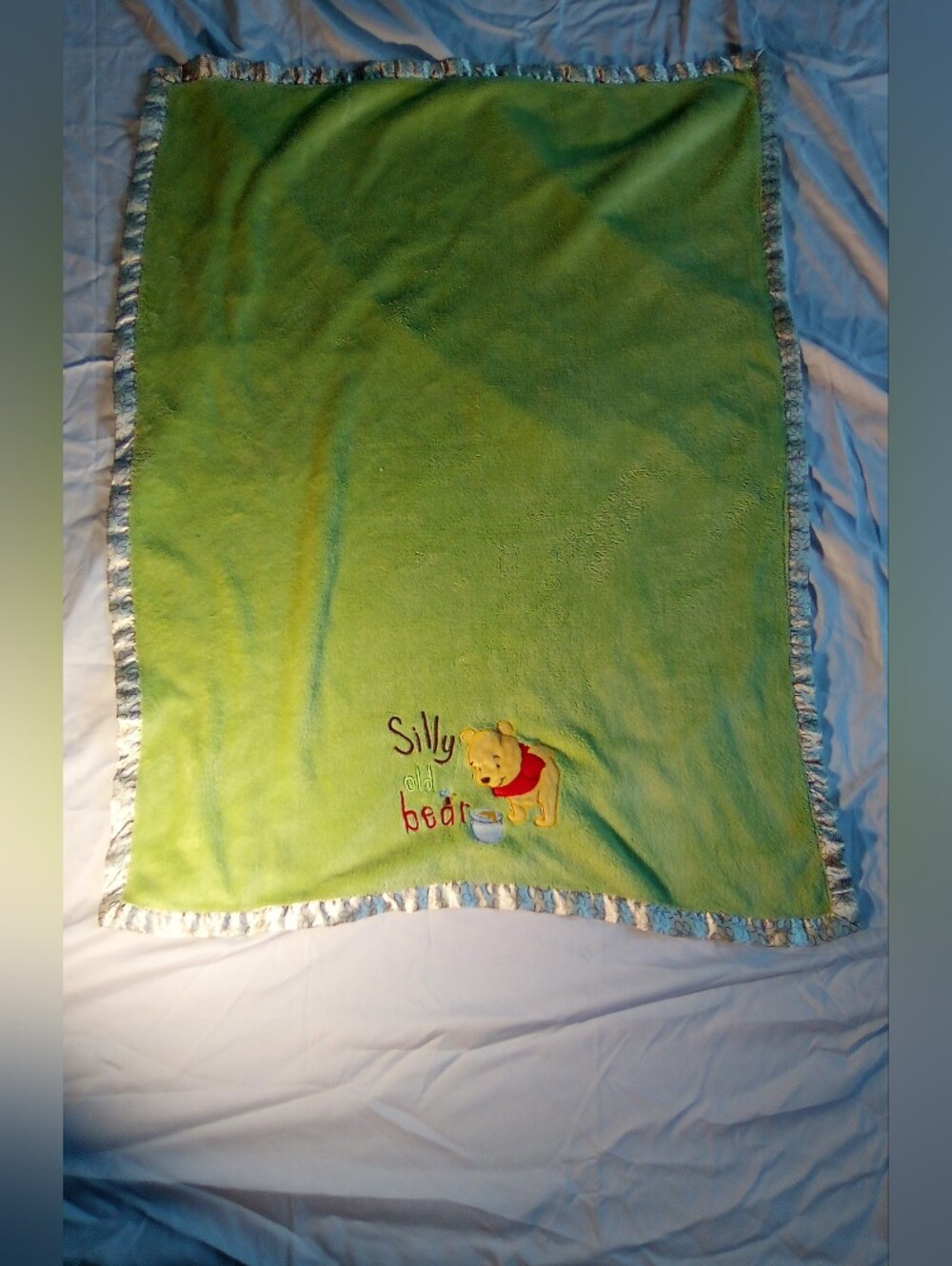 Vintage Green Winnie The Pooh Baby Blanket Satin TriEmbroidered Silly Old Bear